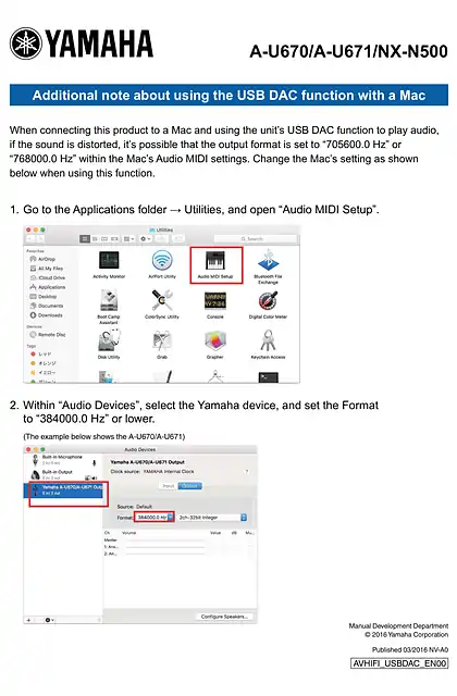 yamaha雅马哈Additional note about using the USB DAC function with a Mac